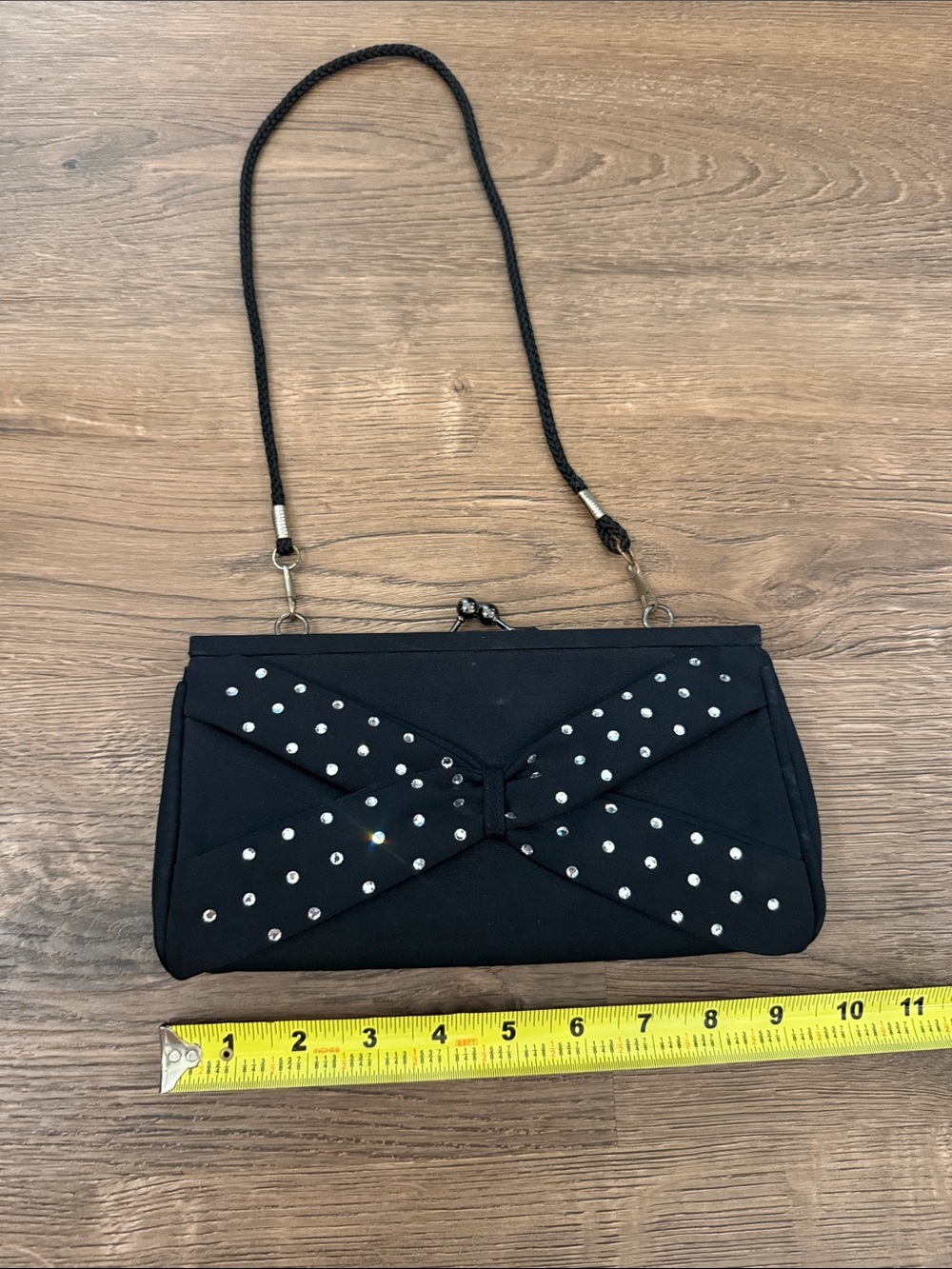 J.Renee Vintage Black Satin Evening Clutch with Crystal Bow Accent